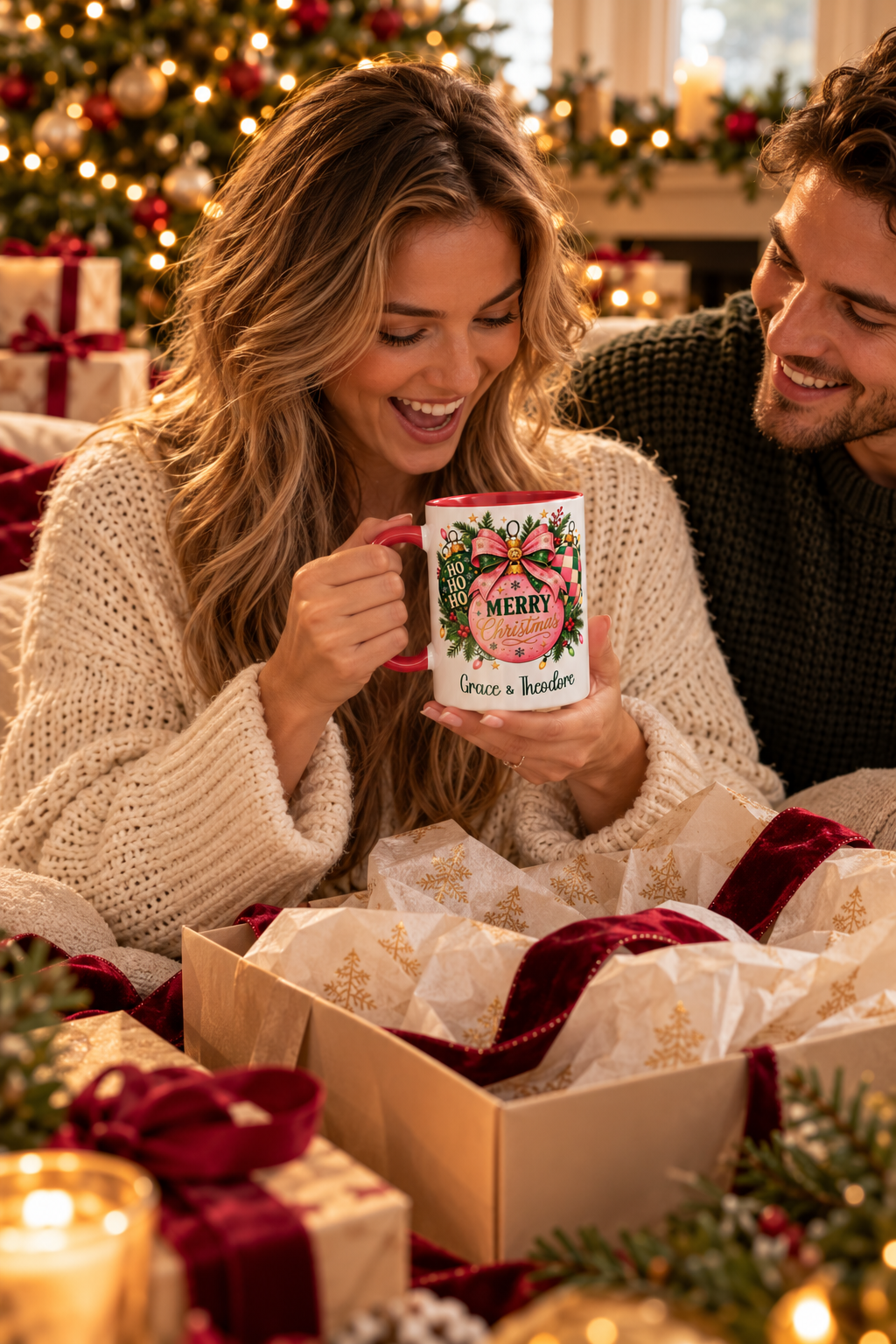Red personalized Pink Merry Christmas Ornament mug being unwrapped as a Christmas gift, lifestyle photo