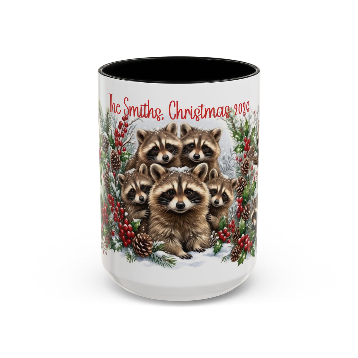 Black personalized Raccoon Family mug, 15oz, front view