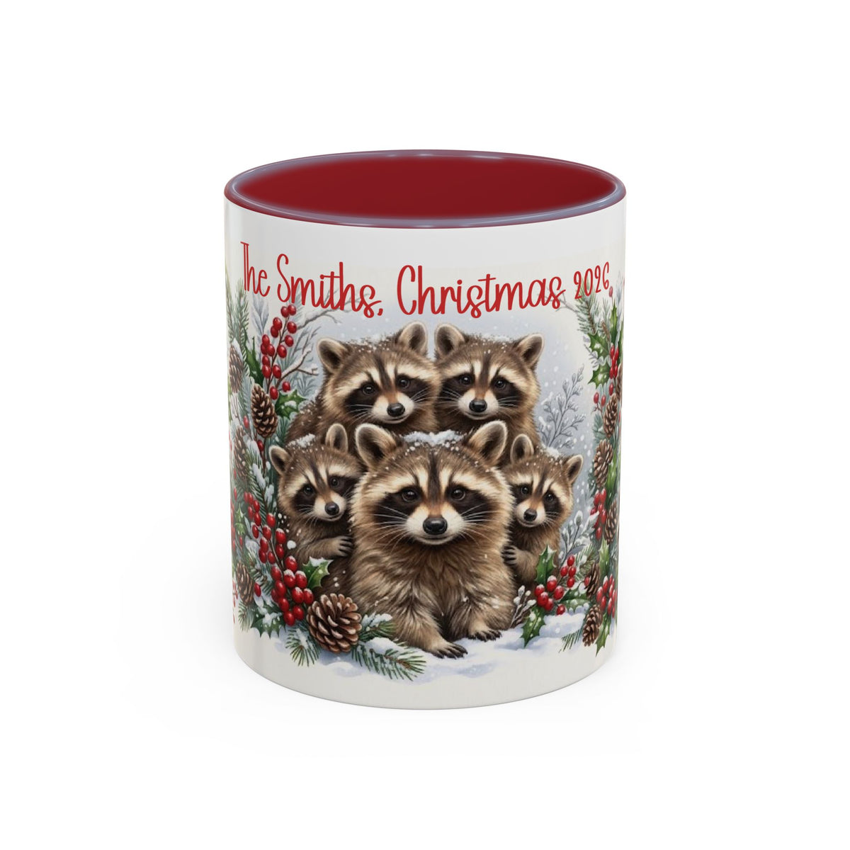 Maroon personalized Raccoon Family mug, 11oz, front view