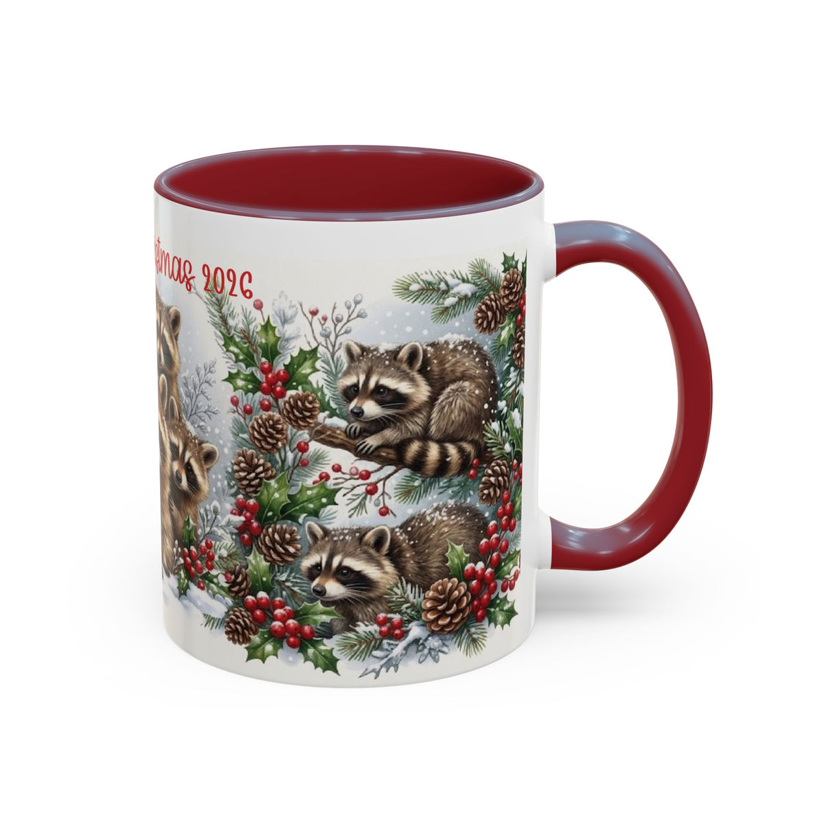 Maroon personalized Raccoon Family mug, 11oz, side view with handle on the right