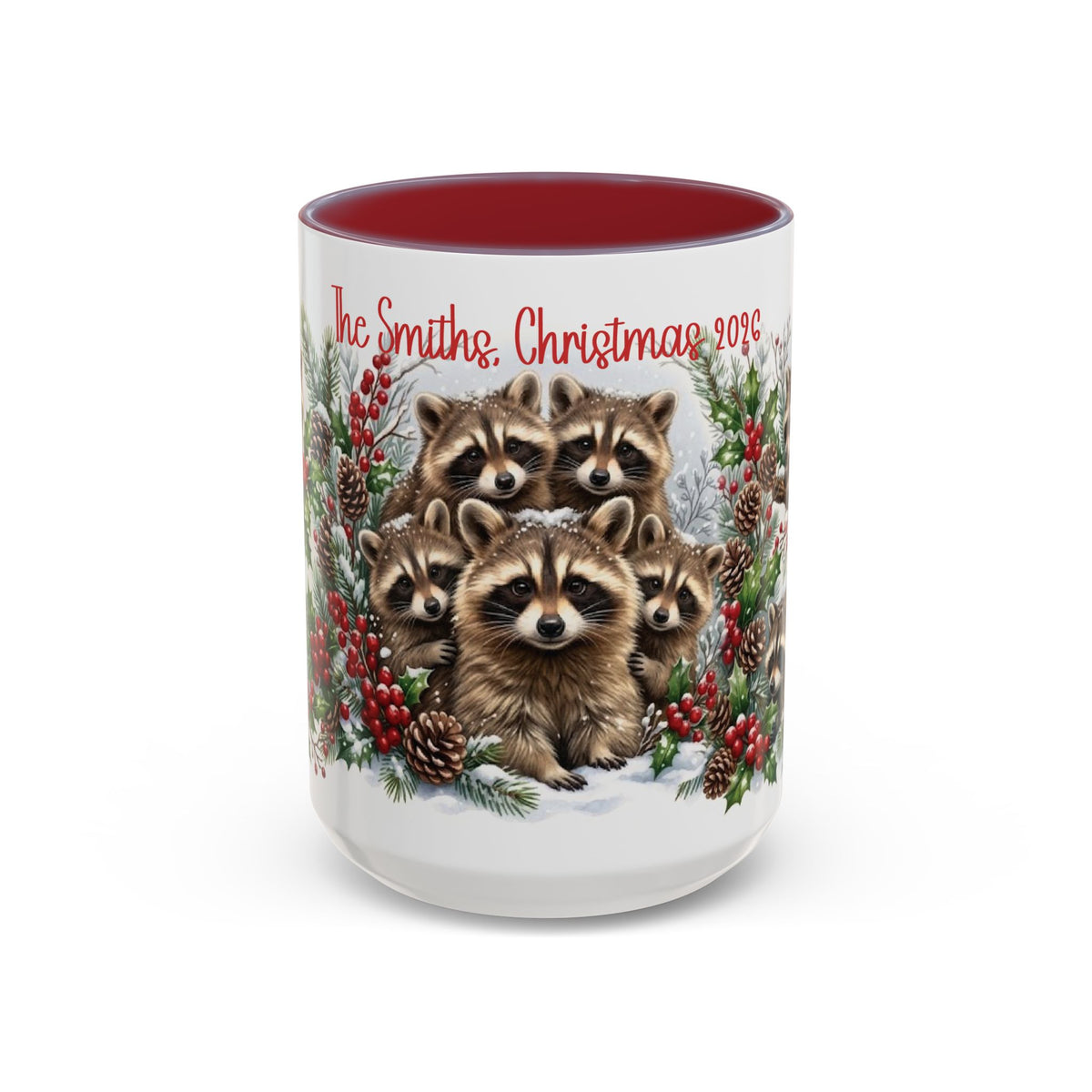 Maroon personalized Raccoon Family mug, 15oz, front view