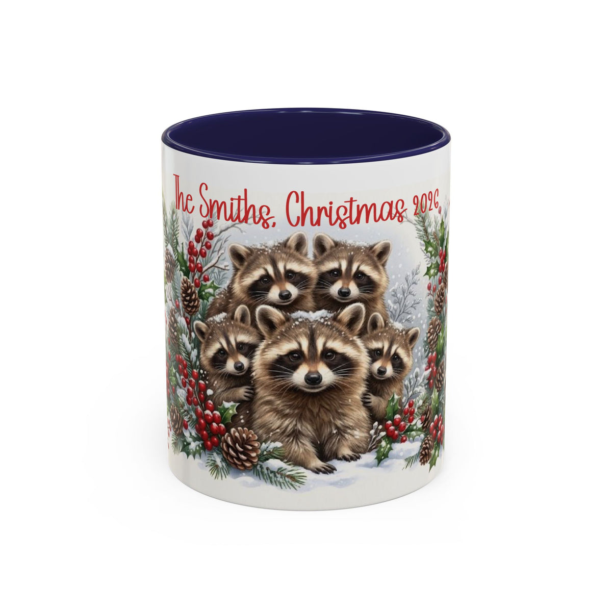 Navy personalized Raccoon Family mug, 11oz, front view