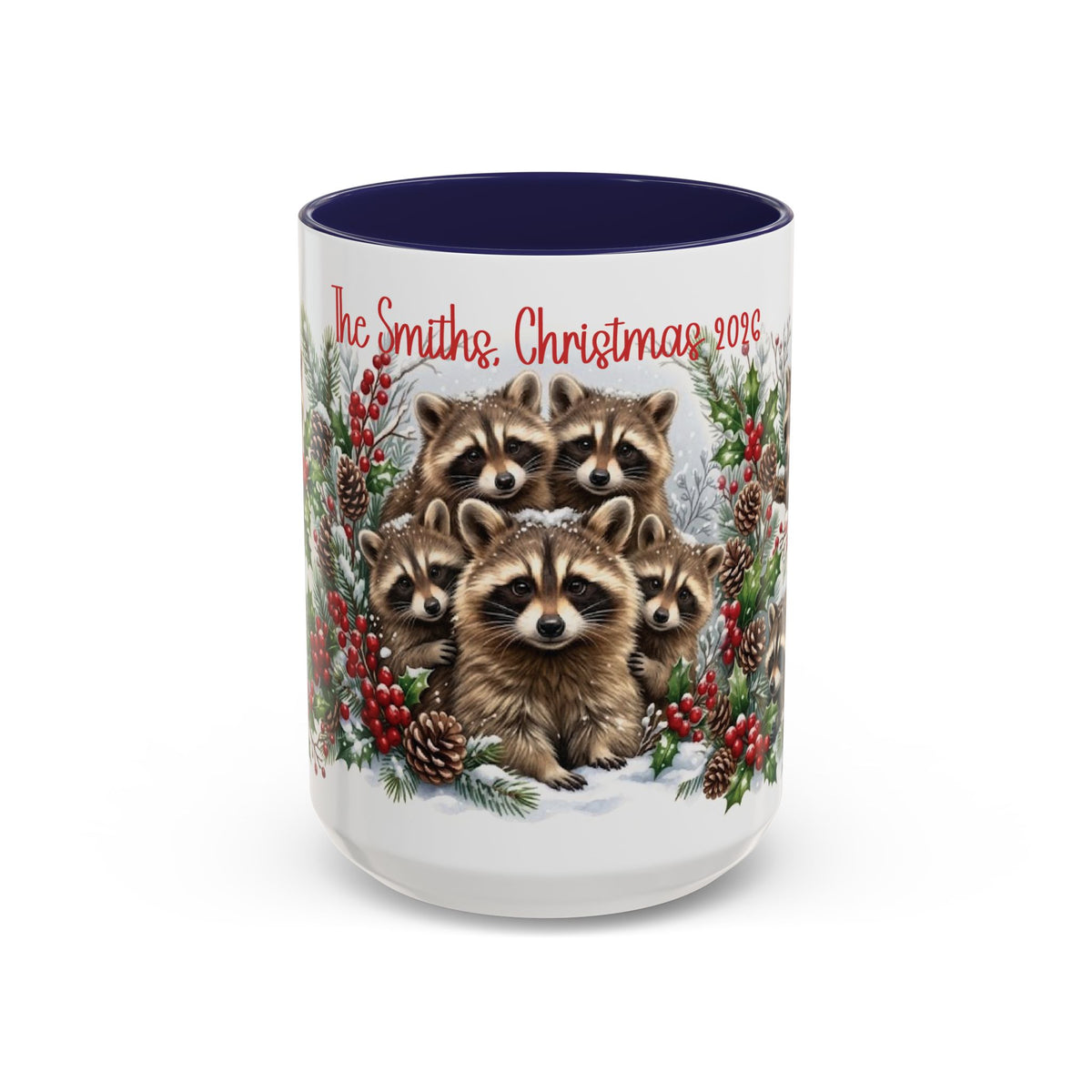 Navy personalized Raccoon Family mug, 15oz, front view