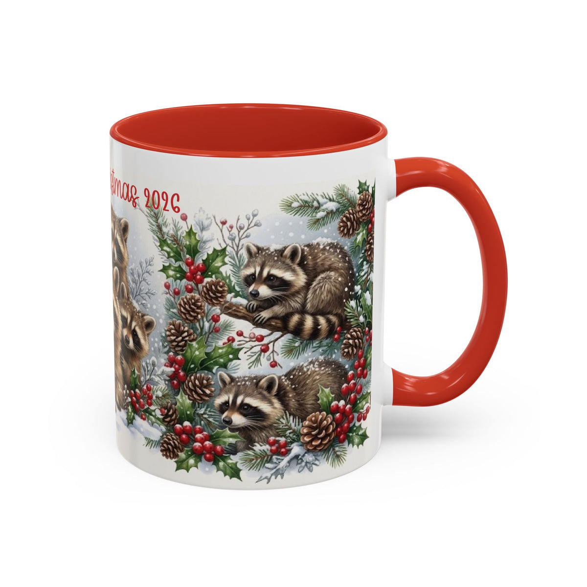 Red personalized Raccoon Family mug, 11oz, side view with handle on the right