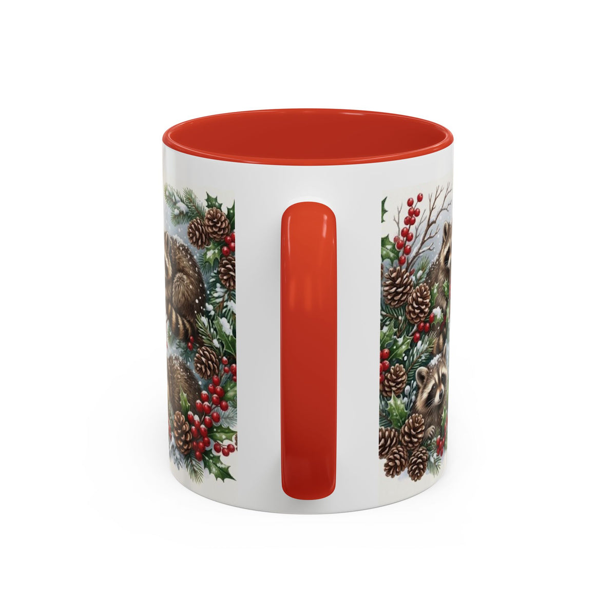 Red personalized Raccoon Family mug, 11oz, handle view