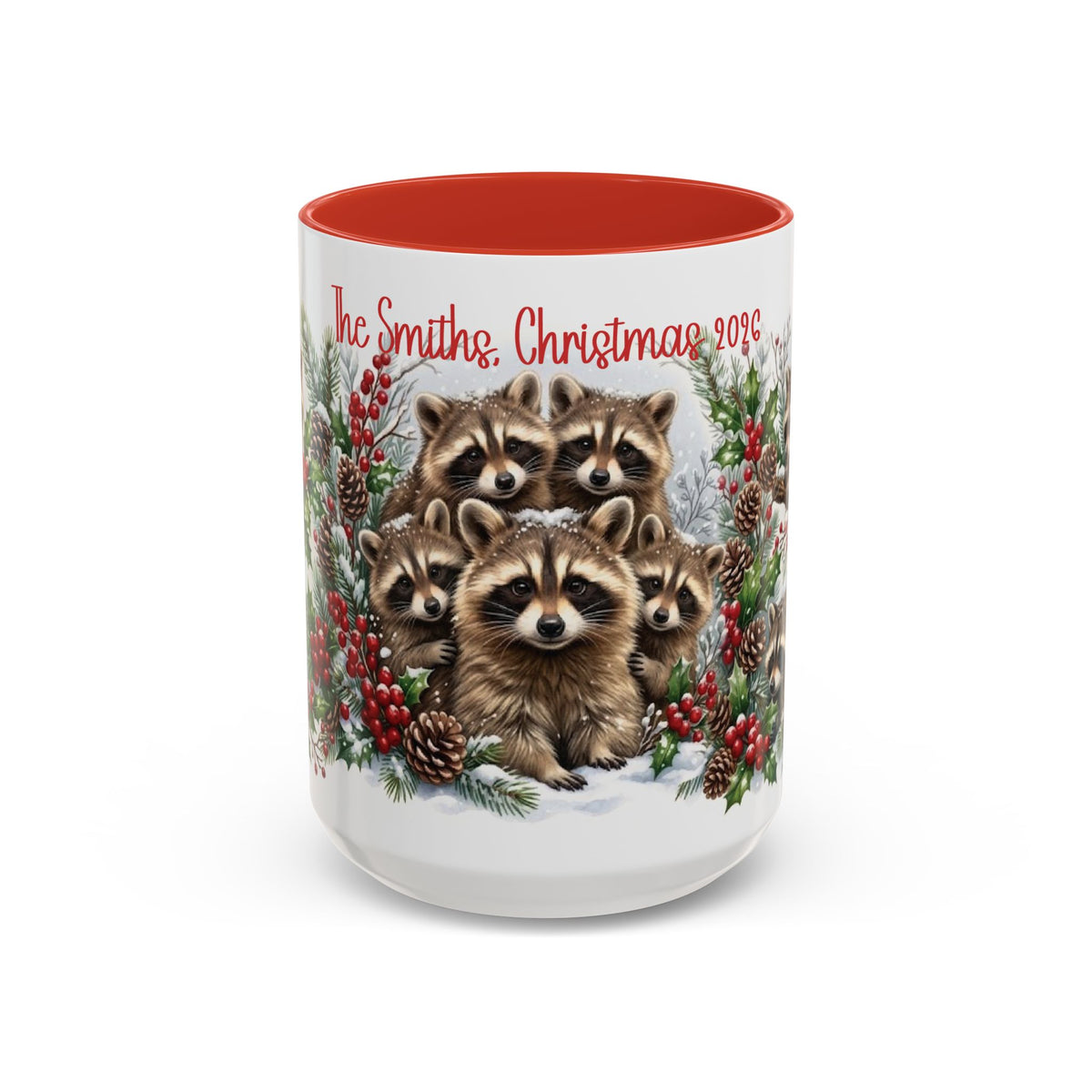 Red personalized Raccoon Family mug, 15oz, front view