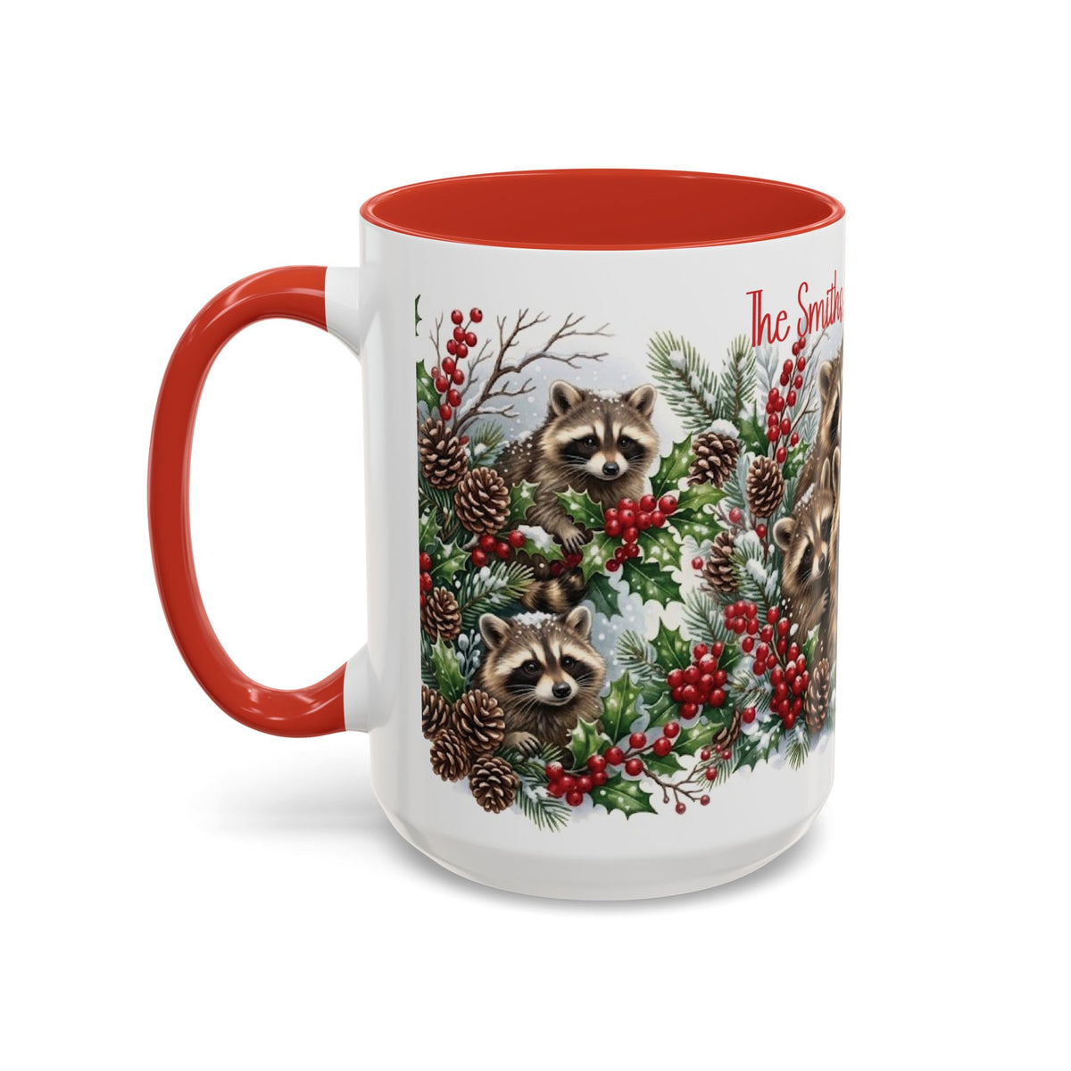 Red personalized Raccoon Family mug, 15oz, side view with handle on the left