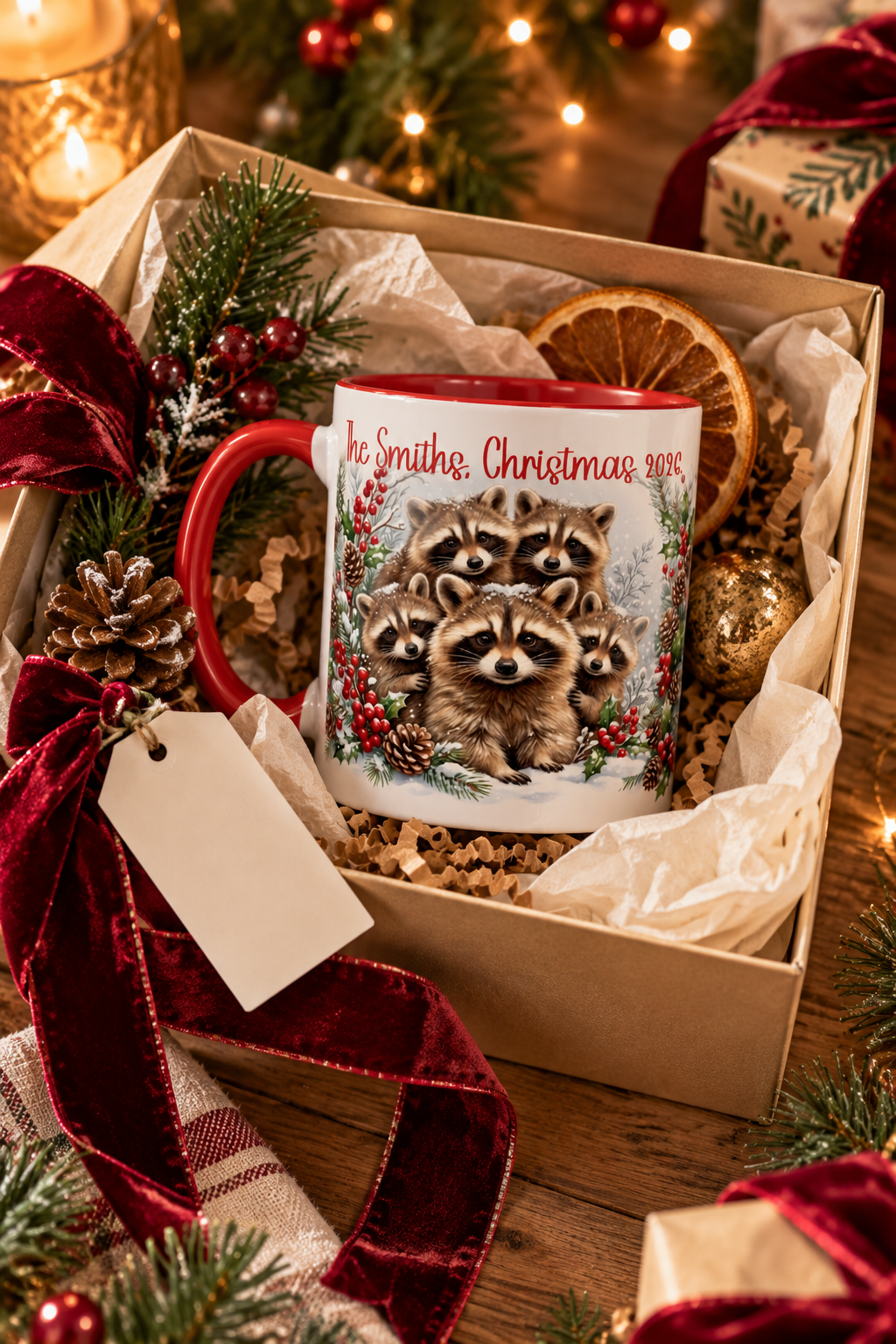 Red personalized Raccoon Family mug in a Christmas gift box, lifestyle photo