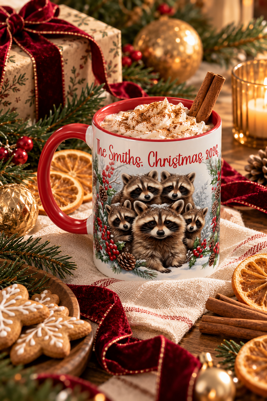 Red personalized Raccoon Family mug with hot cocoa and Christmas treats, lifestyle photo