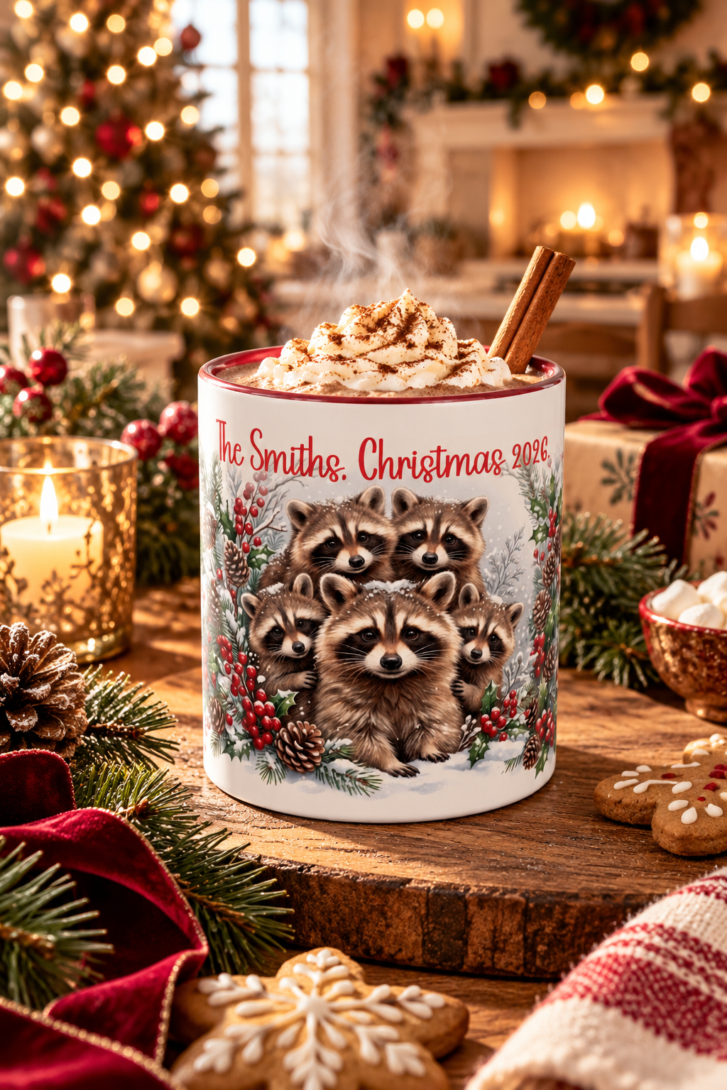 Red personalized Raccoon Family mug with hot cocoa by the Christmas tree, lifestyle photo
