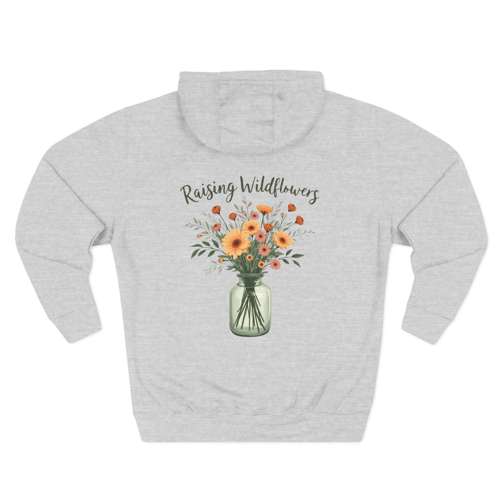 Heather grey personalized hoodie, back view, with “Raising Wildflowers” design
