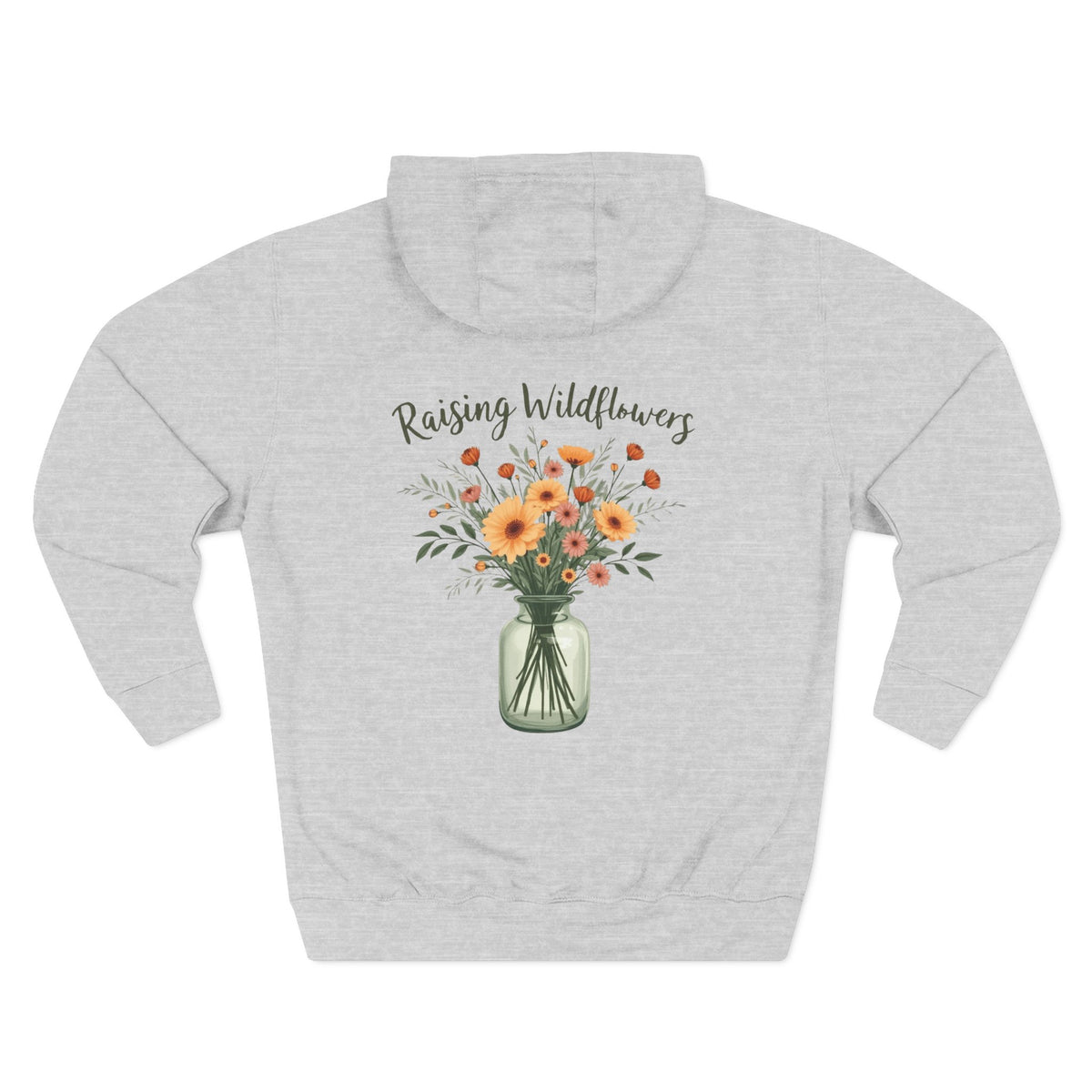 Heather grey personalized hoodie, back view, with “Raising Wildflowers” design
