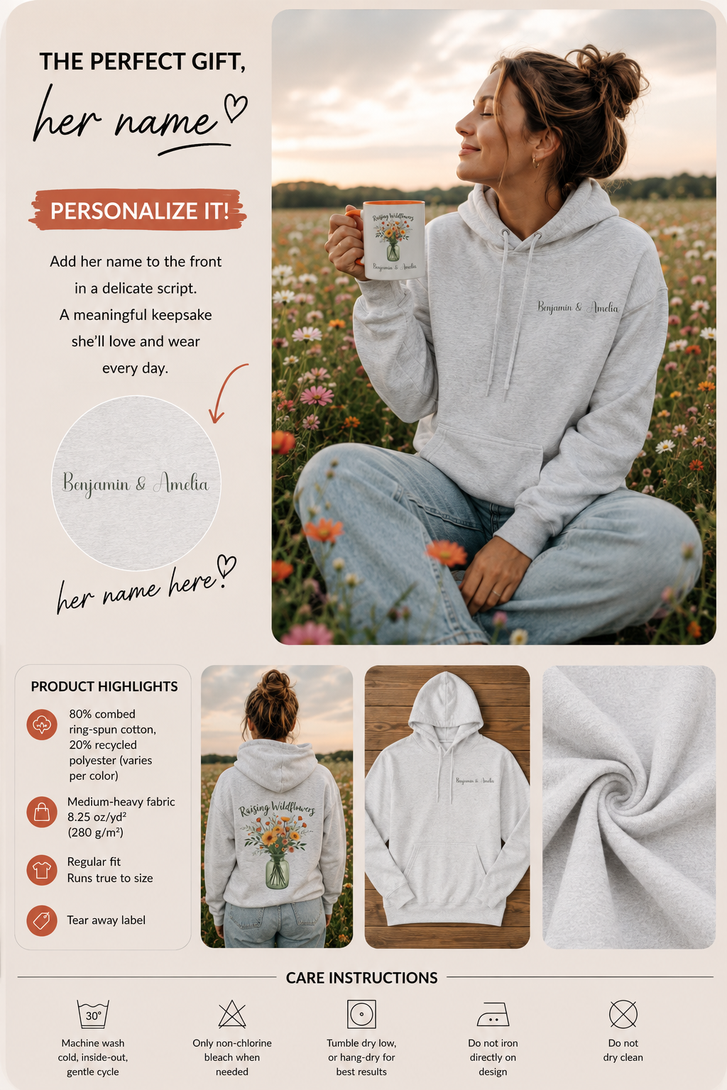 Product information graphic showing personalization placement, fabric details, and care instructions