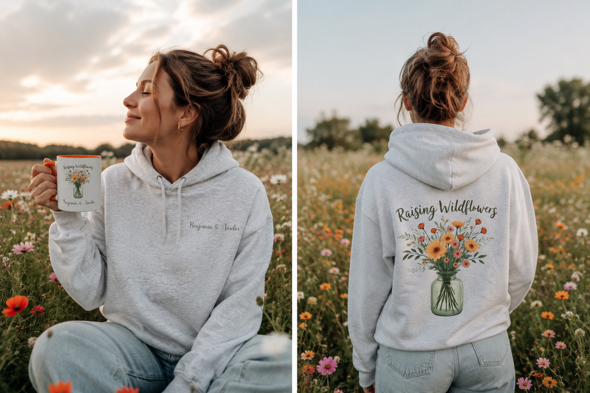 Woman wearing the personalized hoodie, front view with name on the chest and back view showing the design