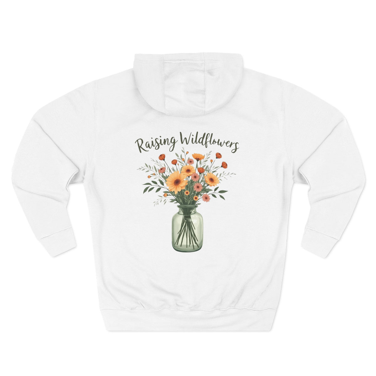 Front view of white hoodie with customizable name embroidered on the chest