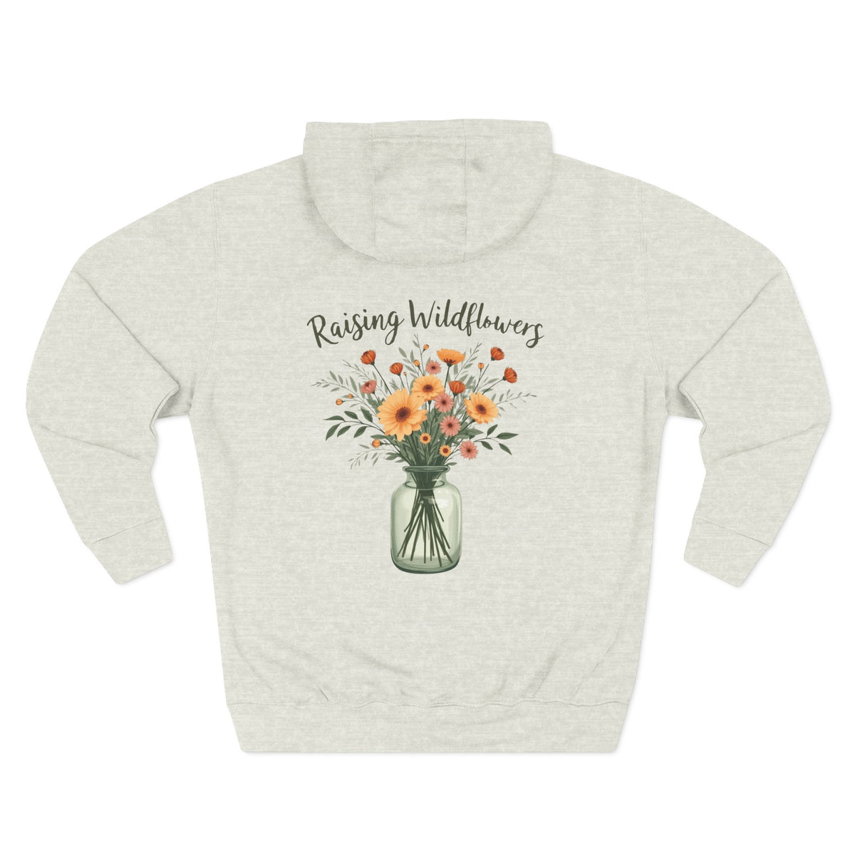Front view of oatmeal heather hoodie with customizable name embroidered on the chest