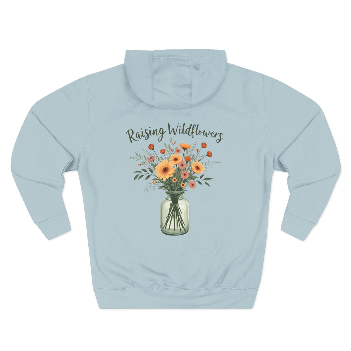 Front view of blue mist hoodie with customizable name embroidered on the chest