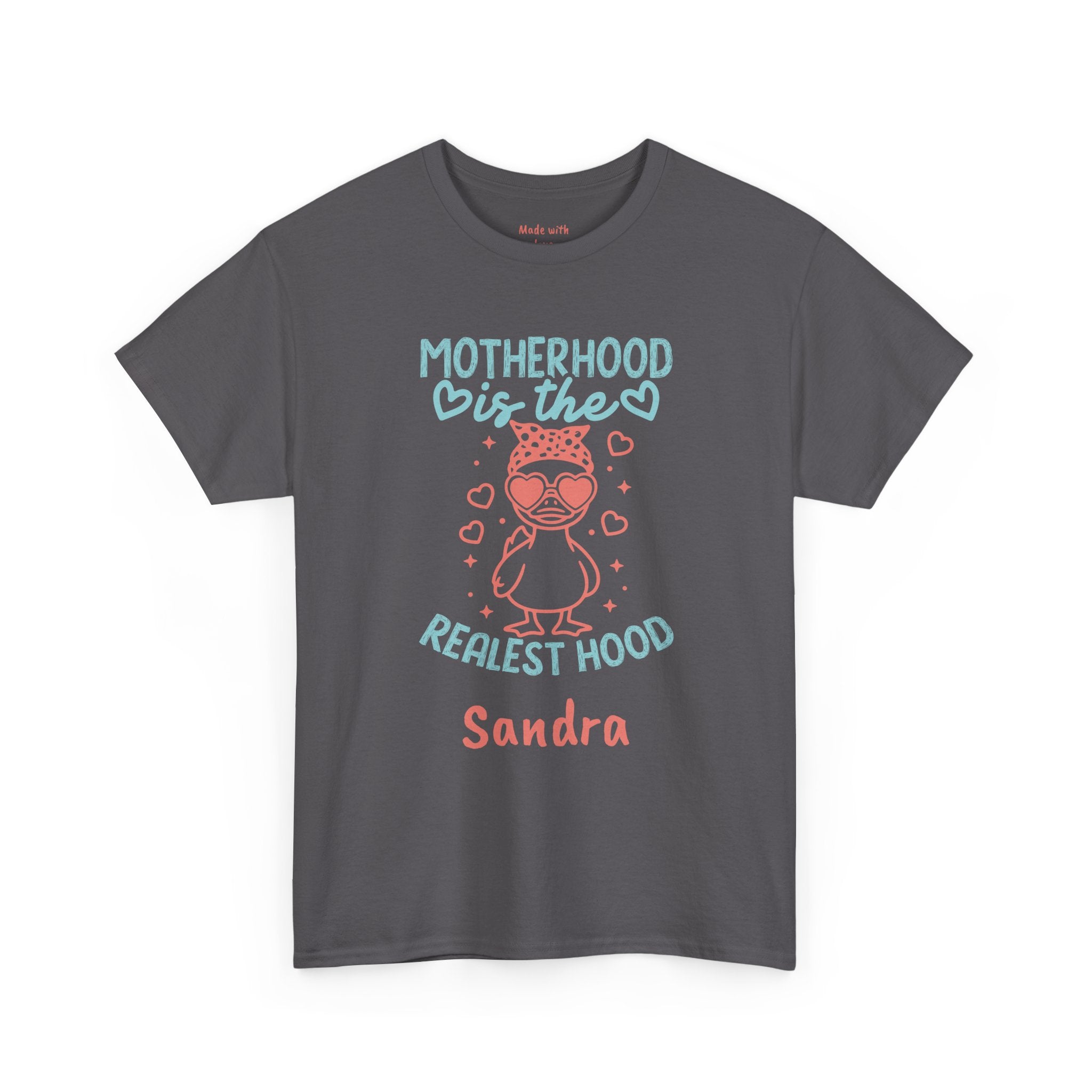 Motherhood Is The Realest Hood personalized t-shirt with name on the front
