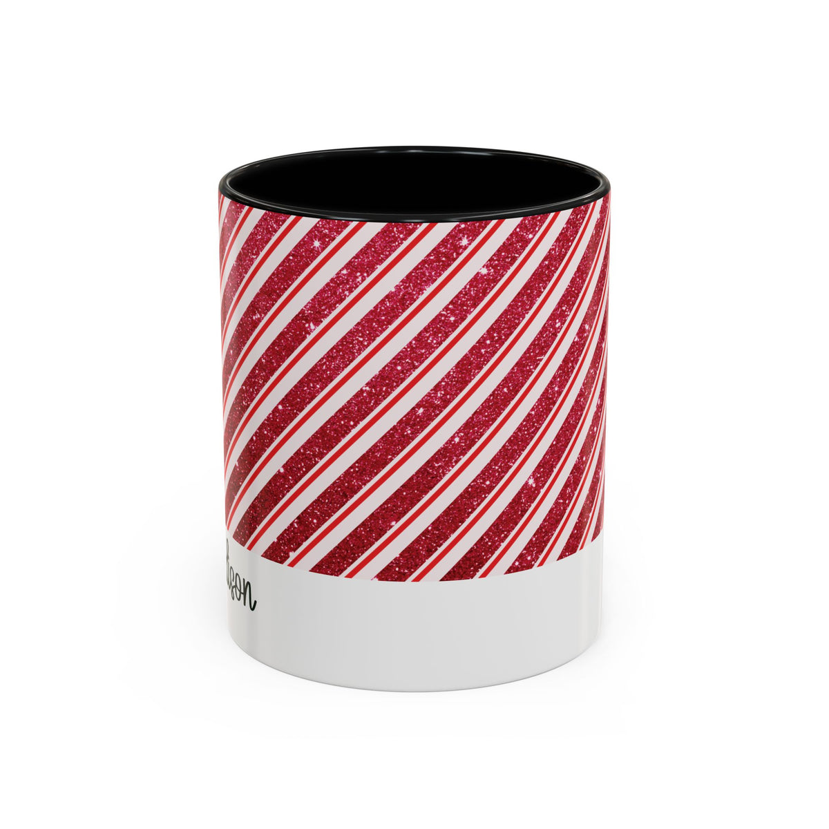 Black personalized Candy Cane Stripe mug, 11oz, front view