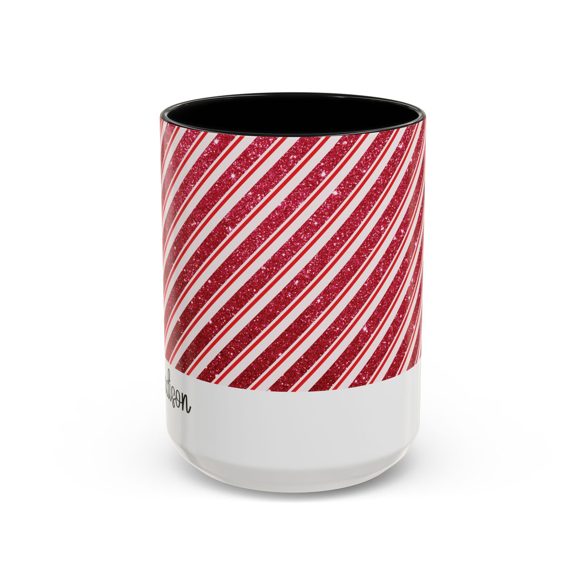 Black personalized Candy Cane Stripe mug, 15oz, front view