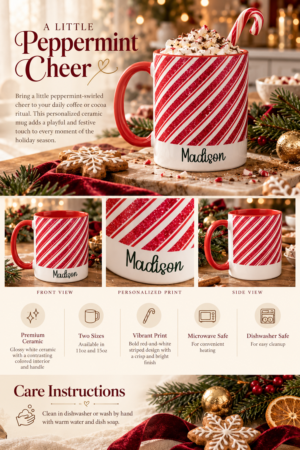 Personalized Candy Cane Stripe mug infographic with sizes, features and care instructions