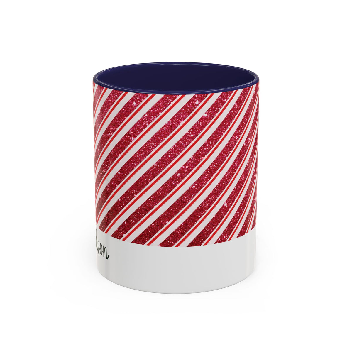 Navy personalized Candy Cane Stripe mug, 11oz, front view