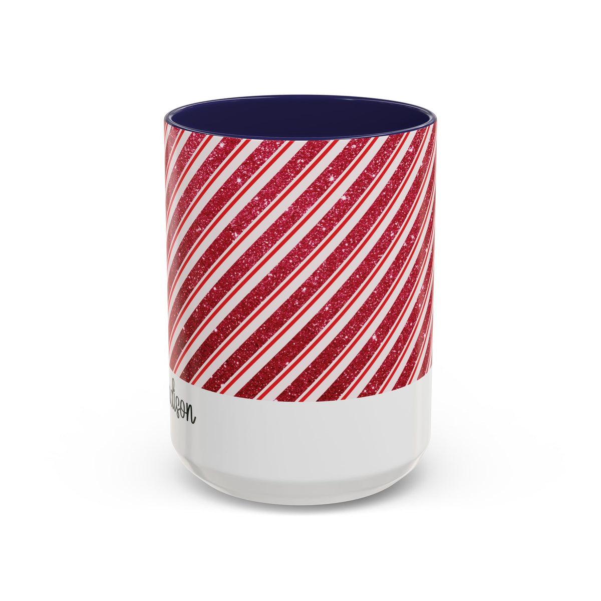 Navy personalized Candy Cane Stripe mug, 15oz, front view
