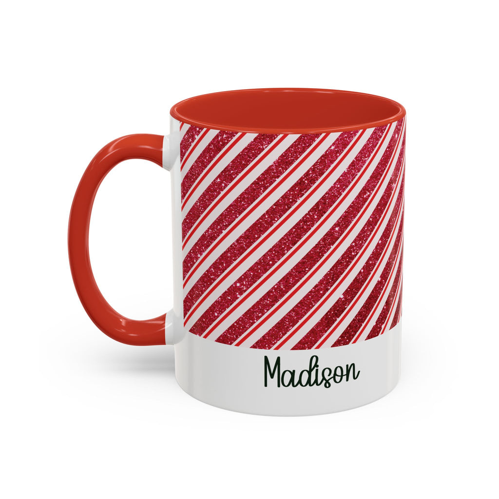 Red personalized Candy Cane Stripe mug, 11oz, side view with handle on the left