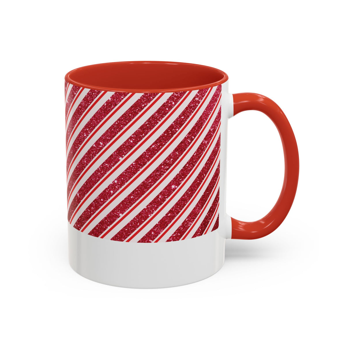 Red personalized Candy Cane Stripe mug, 11oz, side view with handle on the right