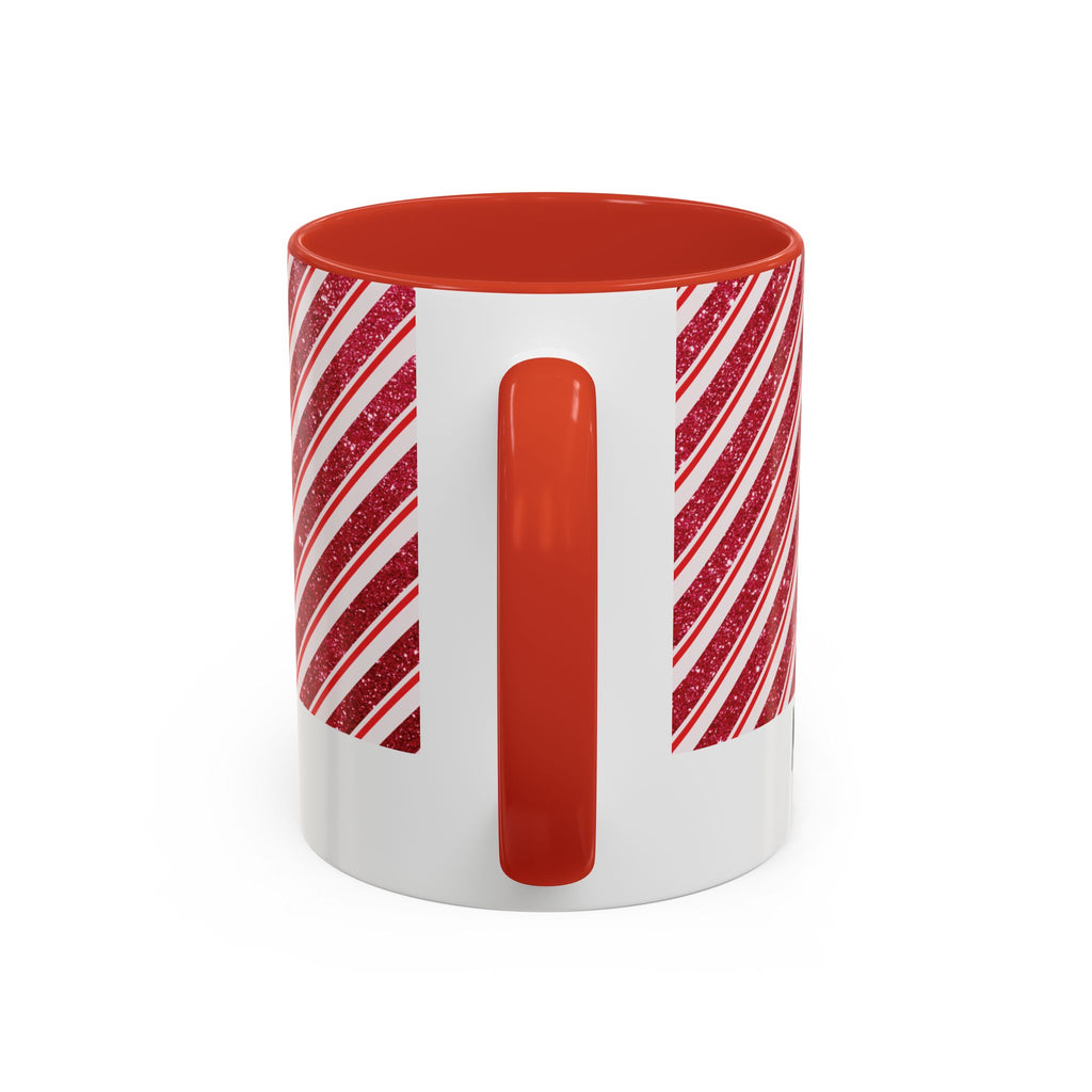 Red personalized Candy Cane Stripe mug, 11oz, handle view