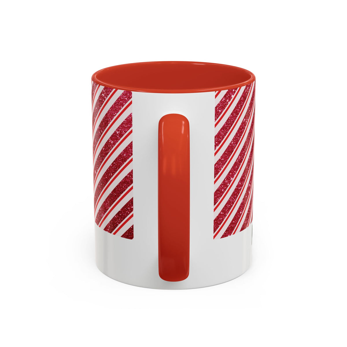 Red personalized Candy Cane Stripe mug, 11oz, handle view