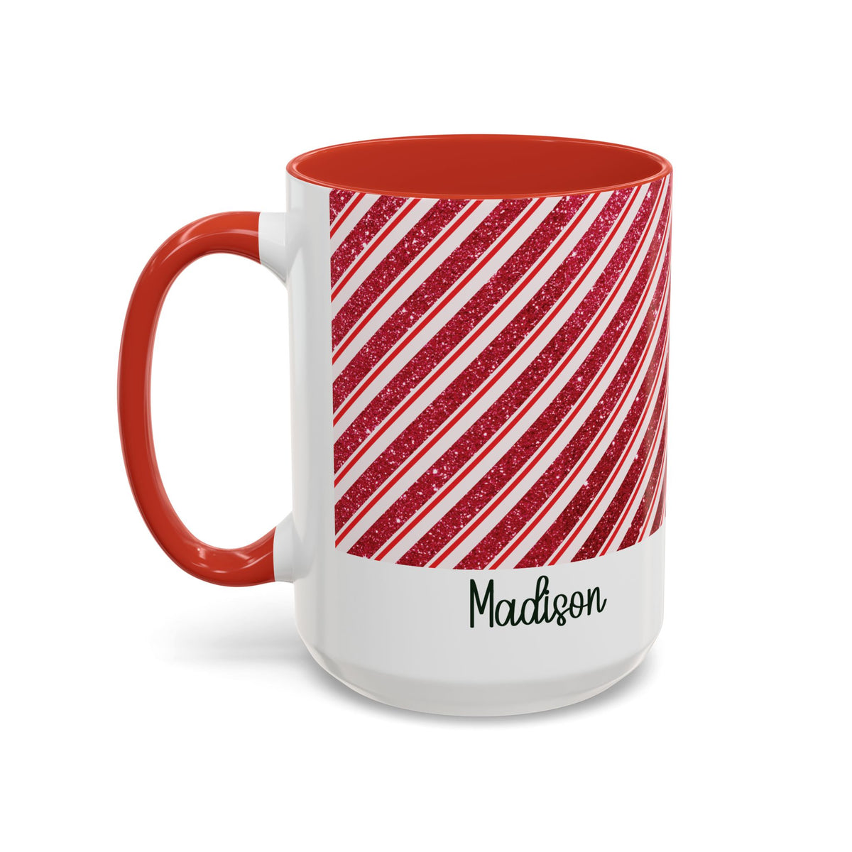Red personalized Candy Cane Stripe mug, 15oz, side view with handle on the left