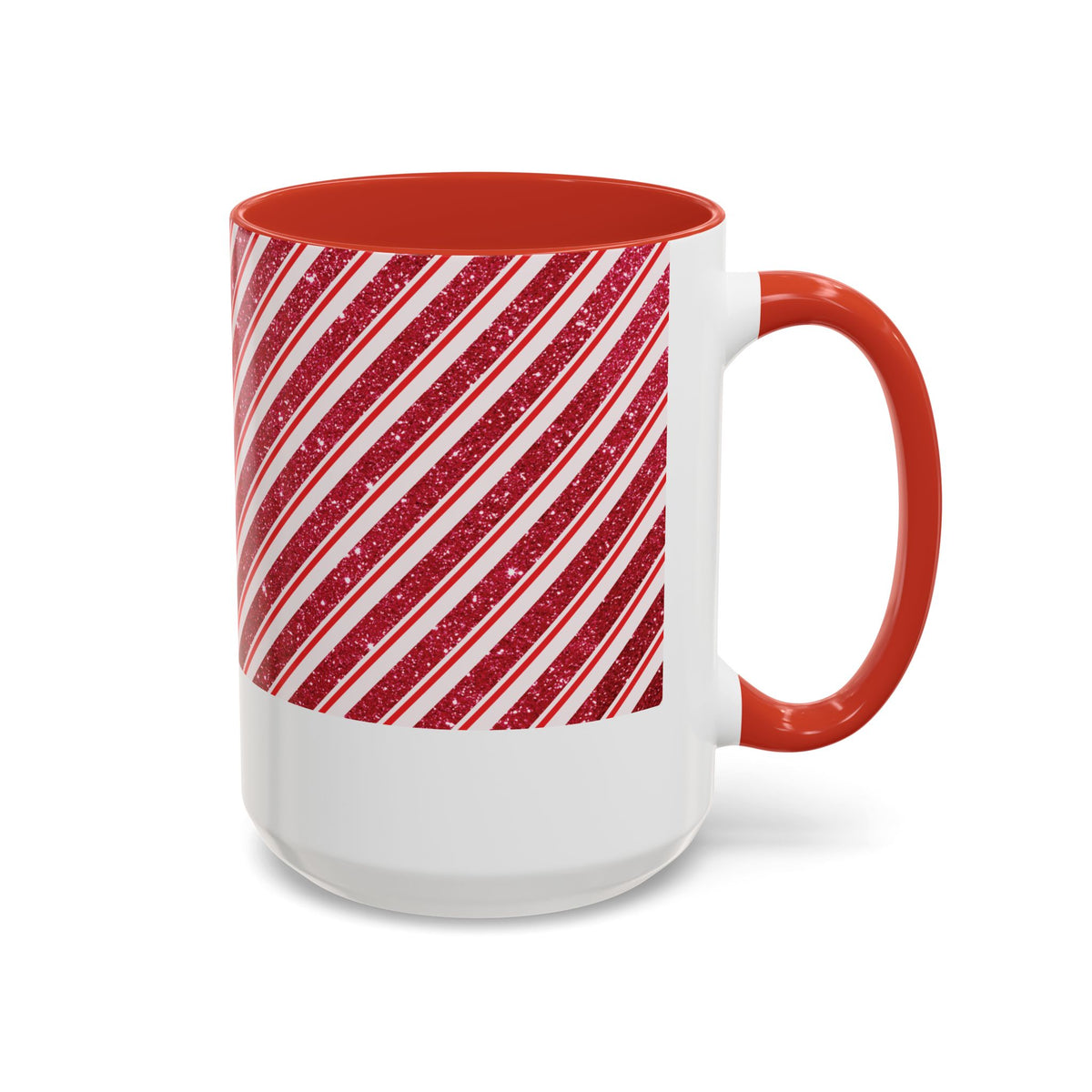 Red personalized Candy Cane Stripe mug, 15oz, side view with handle on the right
