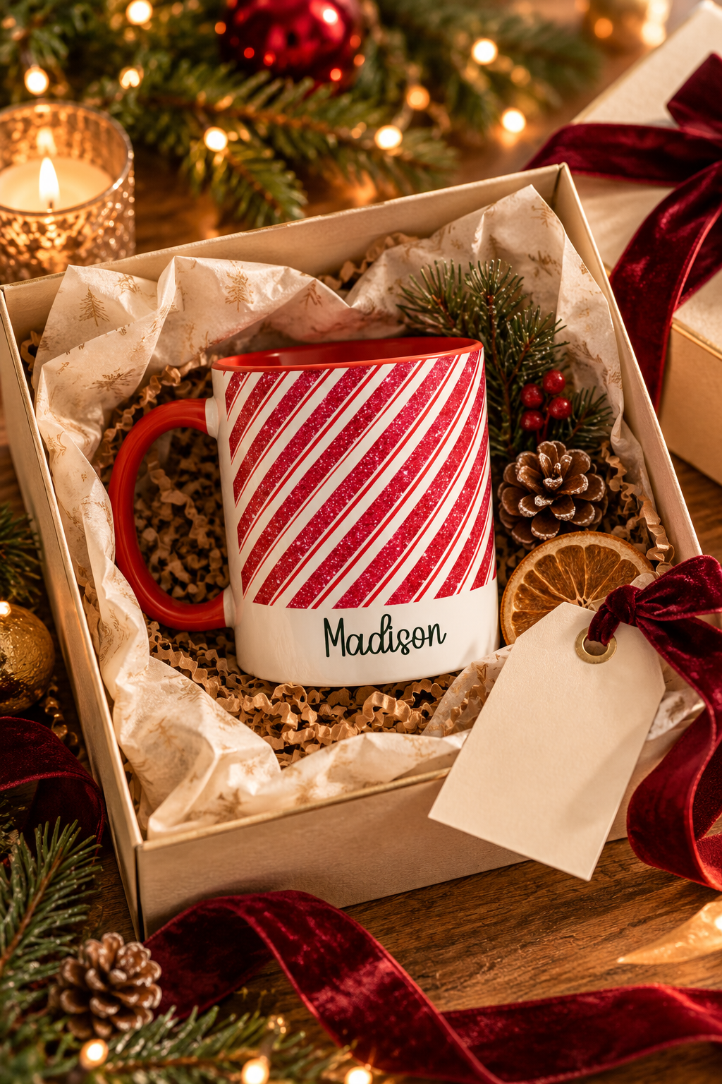 Red personalized Candy Cane Stripe mug in a Christmas gift box, lifestyle photo