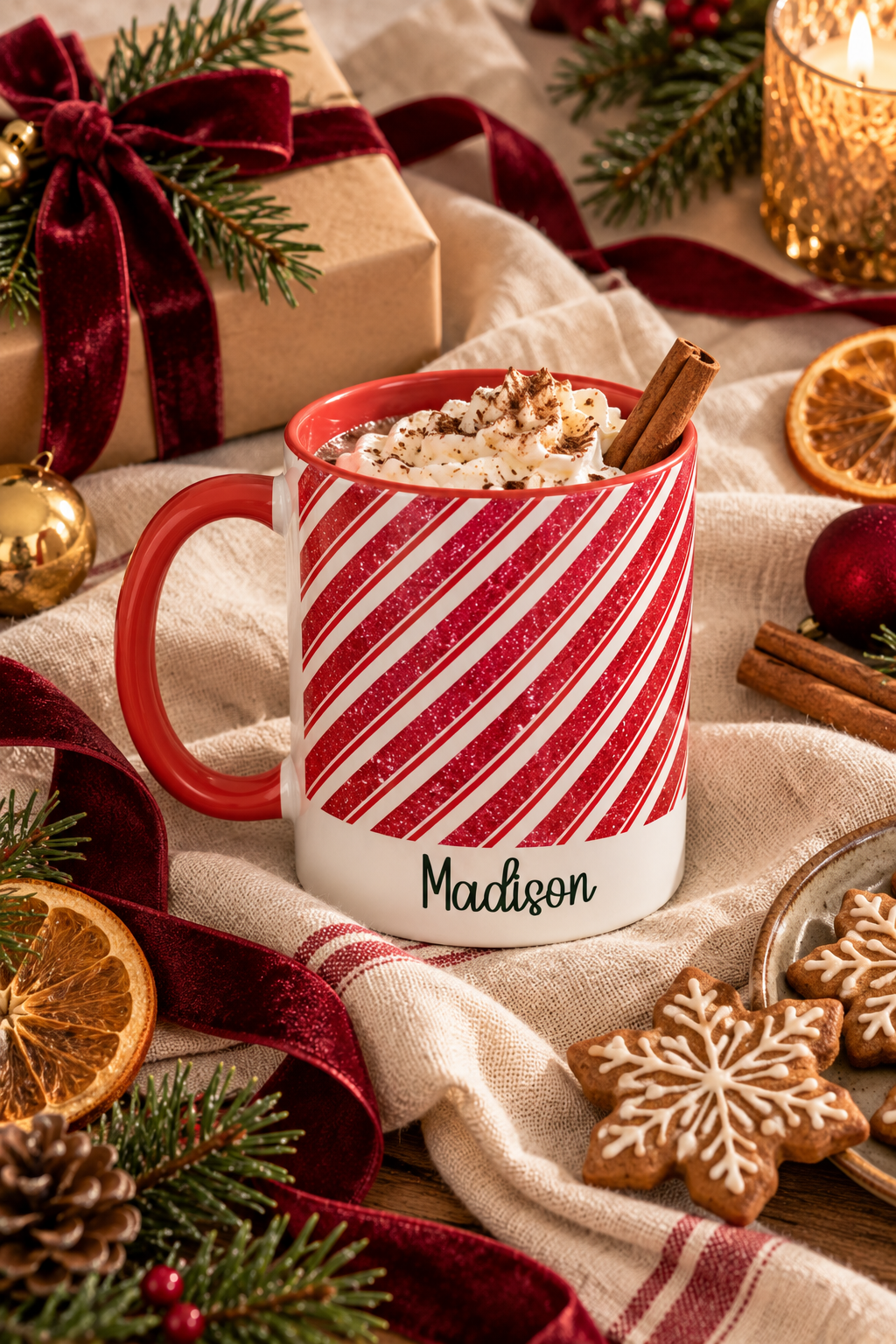 Red personalized Candy Cane Stripe mug with hot cocoa and Christmas treats, lifestyle photo