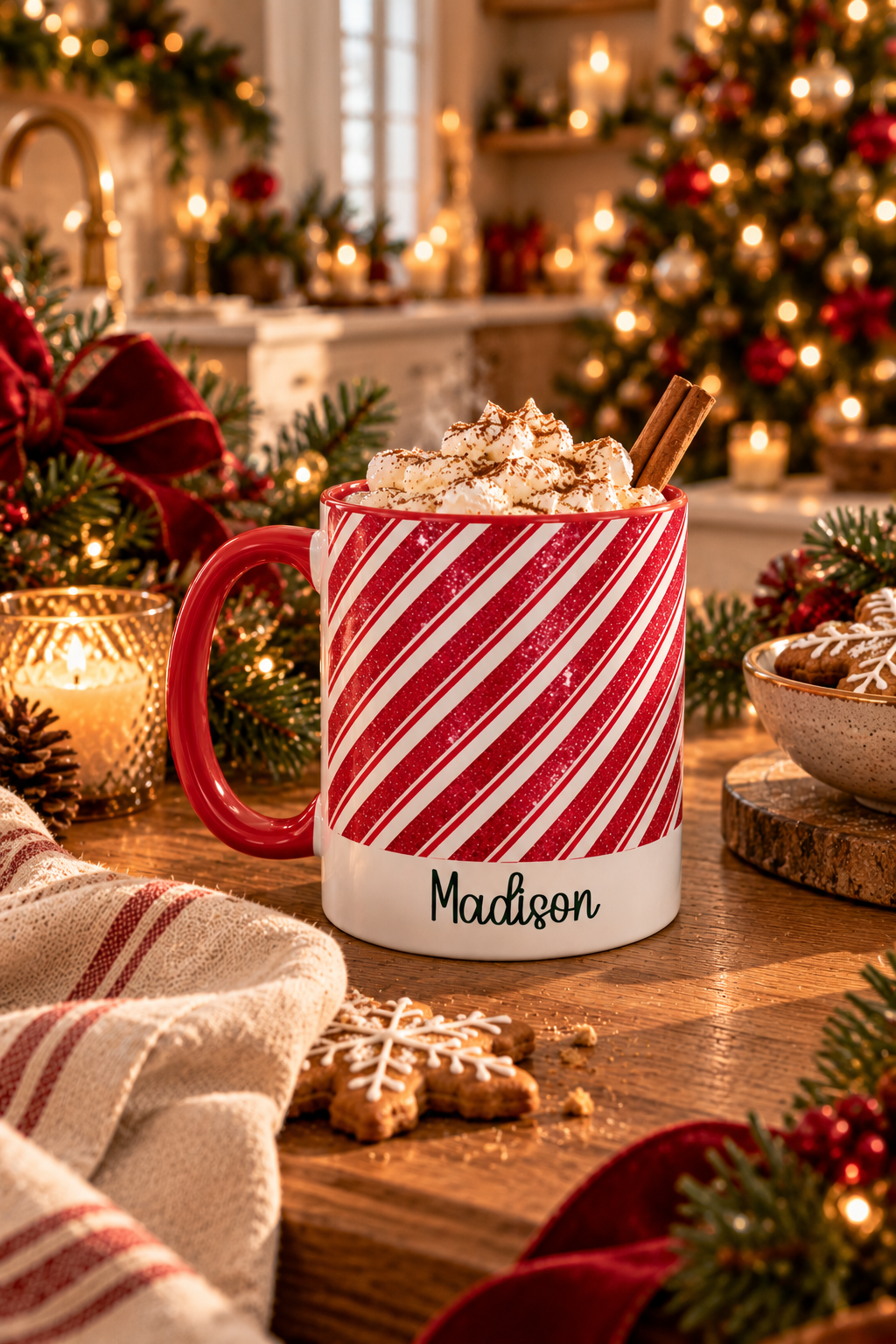 Red personalized Candy Cane Stripe mug with hot cocoa by the Christmas tree, lifestyle photo