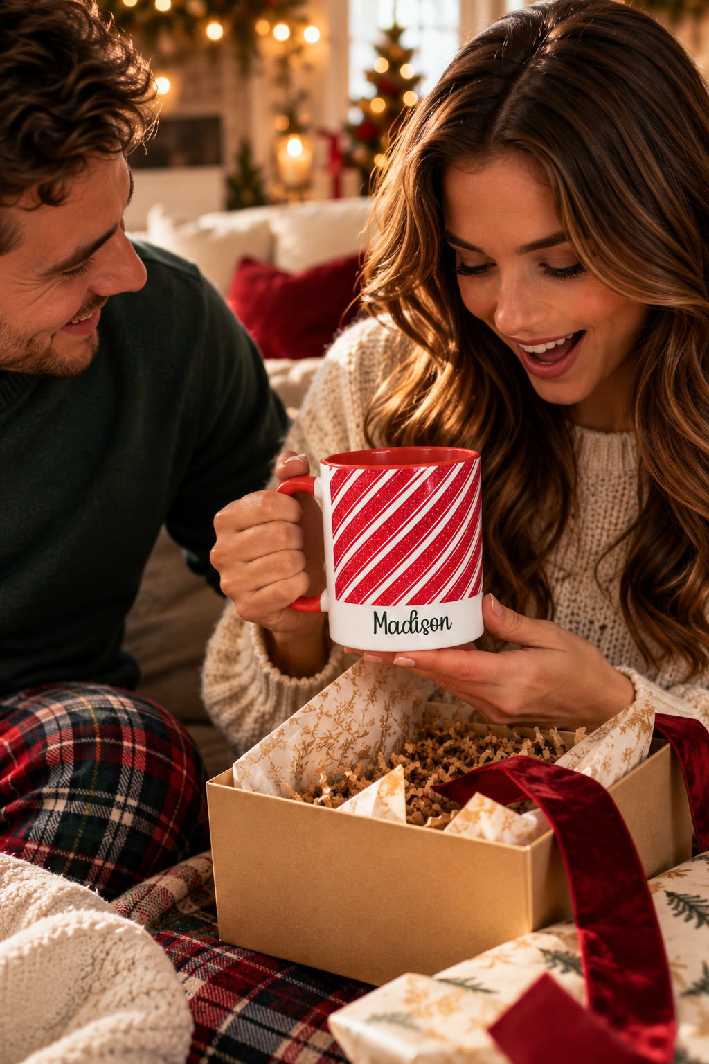 Red personalized Candy Cane Stripe mug being unwrapped as a Christmas gift, lifestyle photo