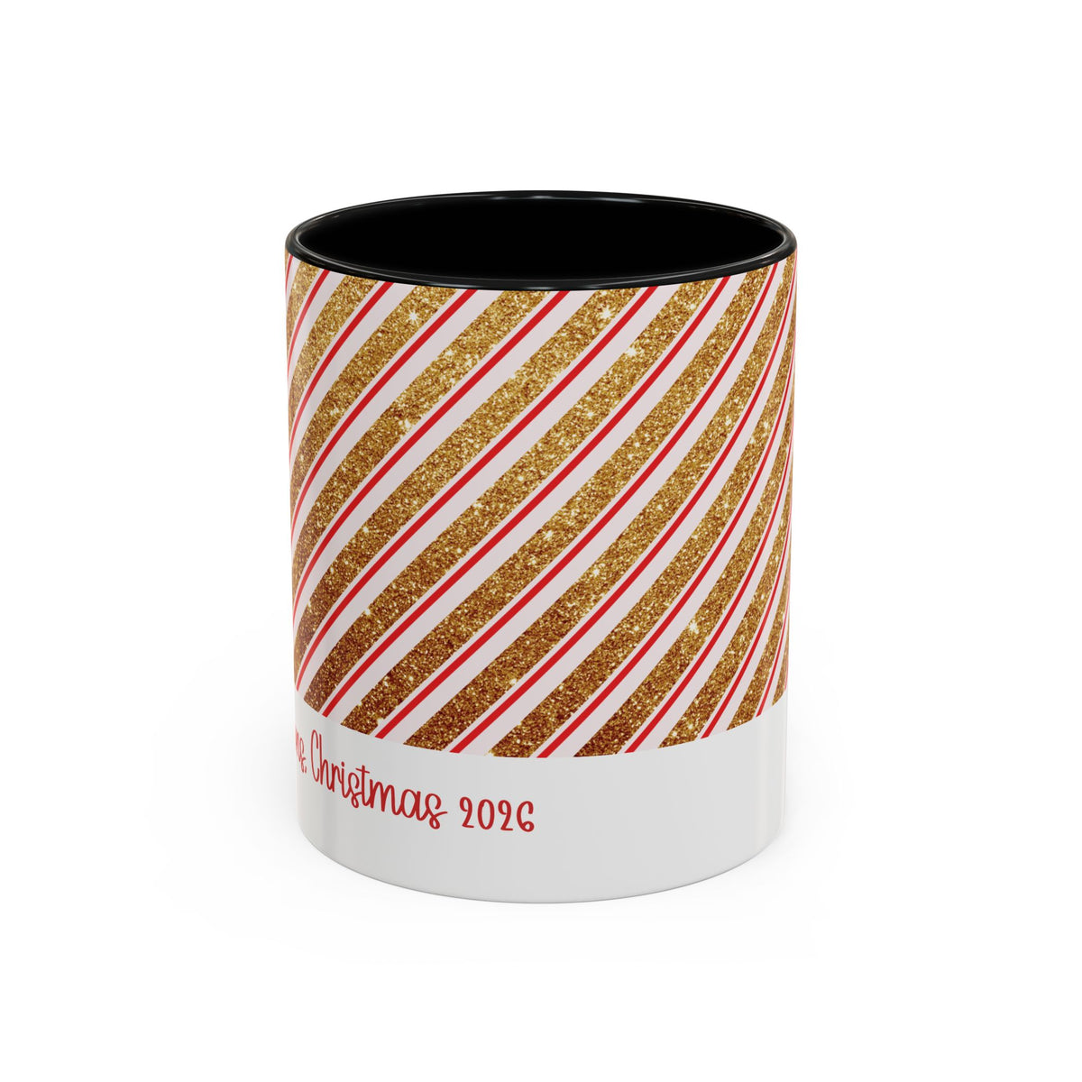 Black personalized Red and Gold Stripe Family mug, 11oz, front view