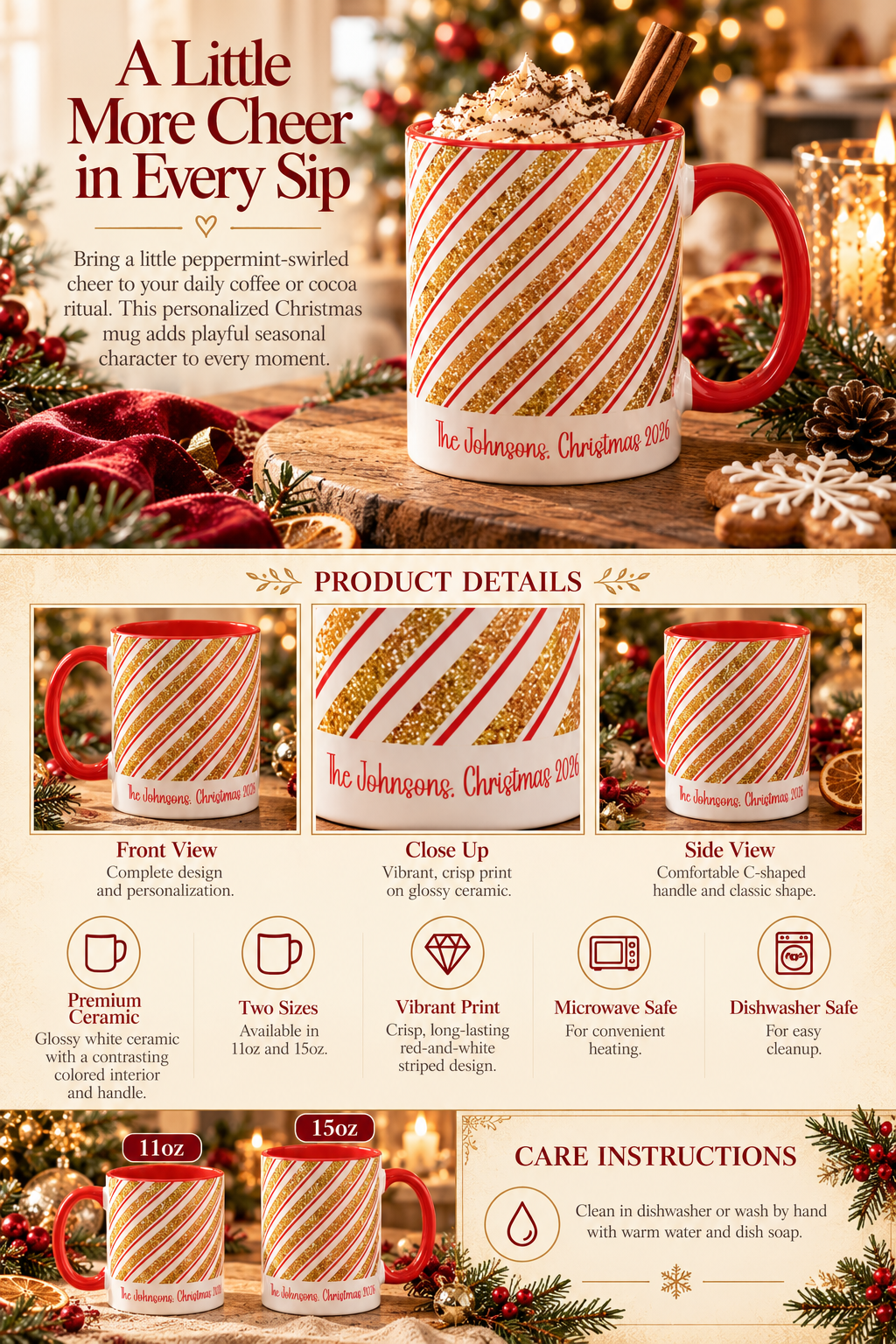 Personalized Red and Gold Stripe Family mug infographic with sizes, features and care instructions