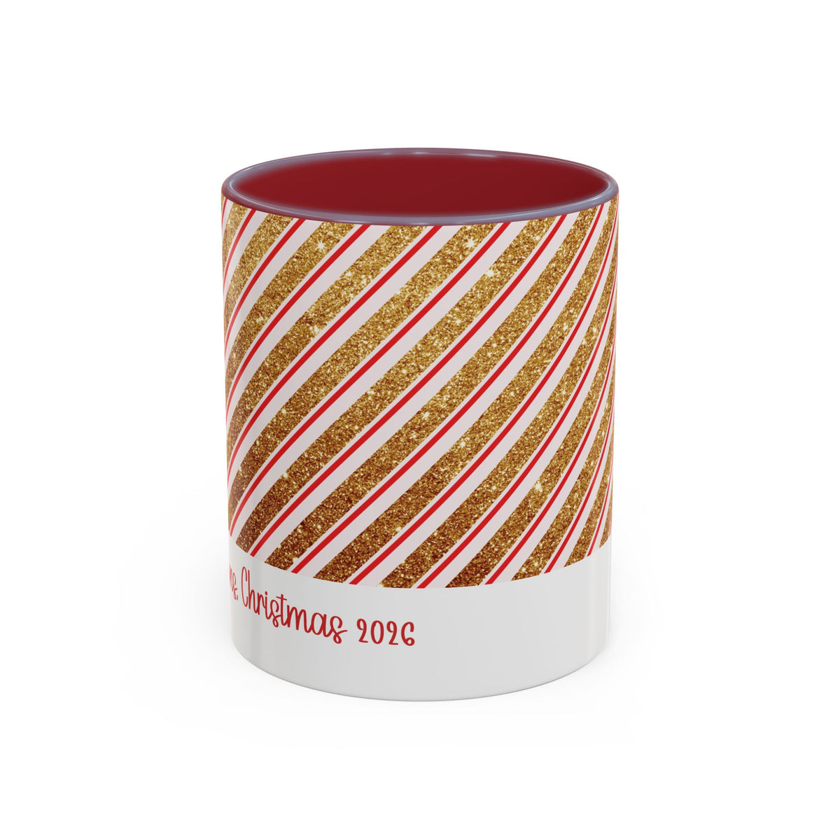 Maroon personalized Red and Gold Stripe Family mug, 11oz, front view