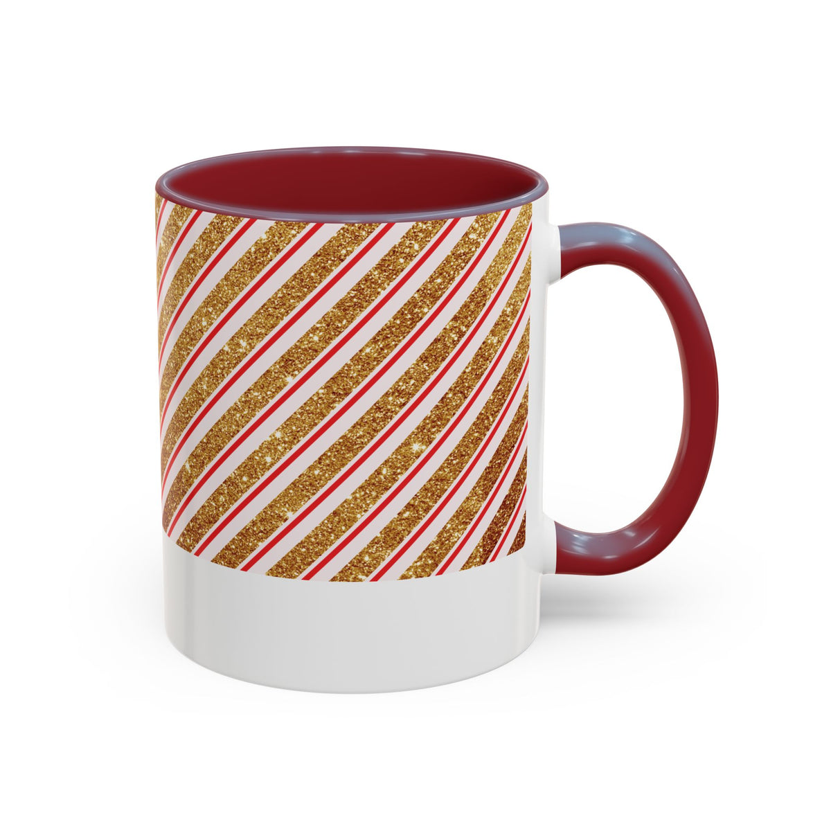 Maroon personalized Red and Gold Stripe Family mug, 11oz, side view with handle on the right