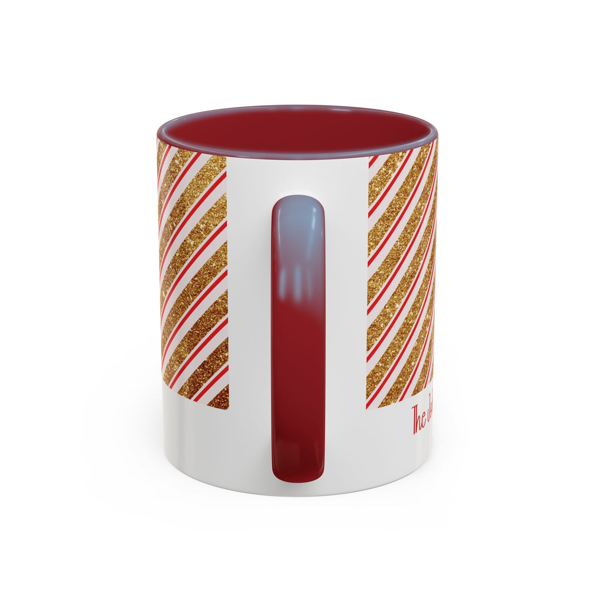 Maroon personalized Red and Gold Stripe Family mug, 11oz, handle view
