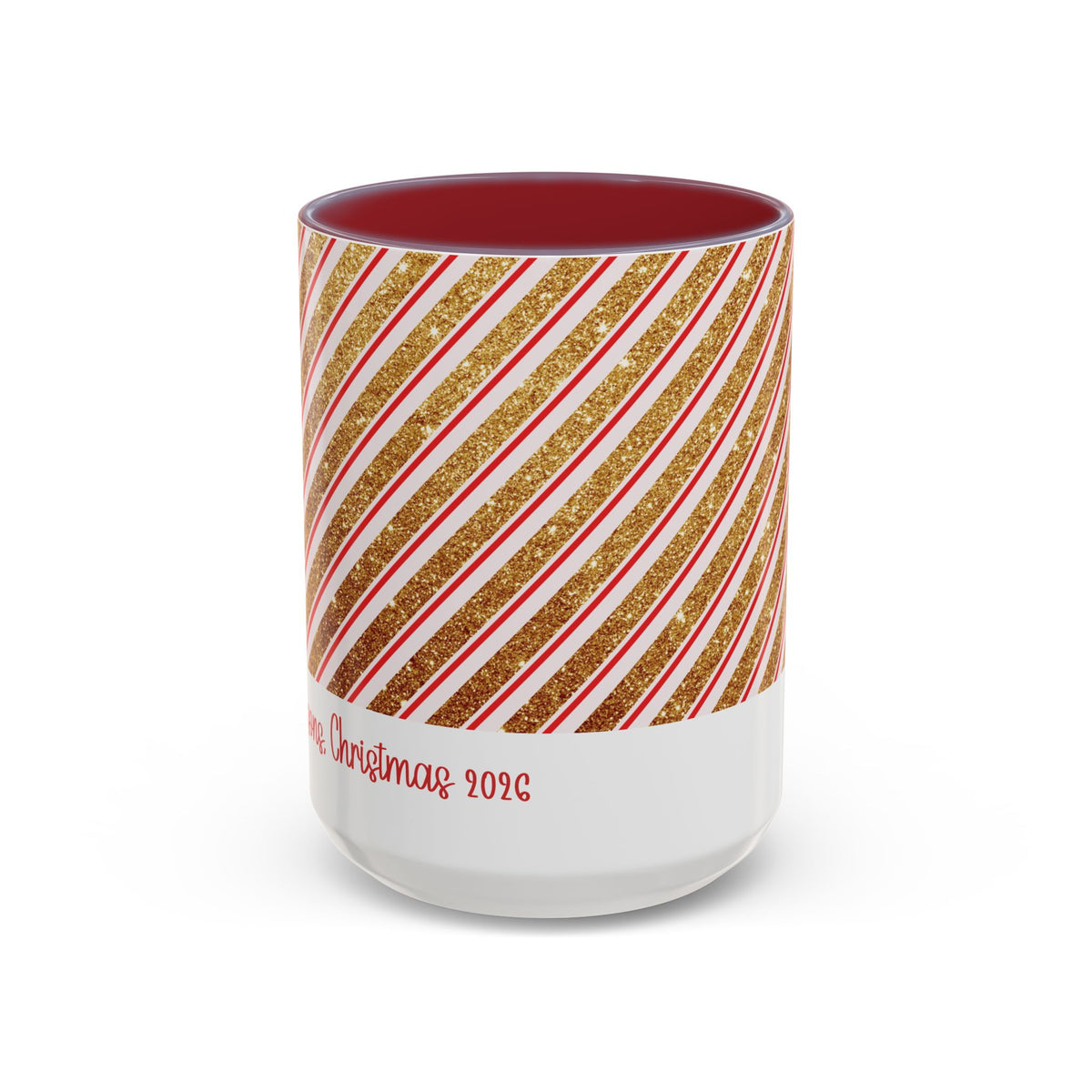 Maroon personalized Red and Gold Stripe Family mug, 15oz, front view