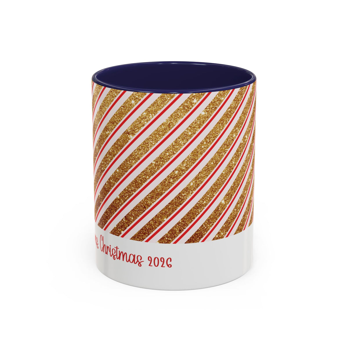 Navy personalized Red and Gold Stripe Family mug, 11oz, front view