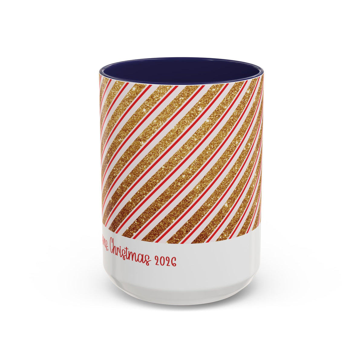 Navy personalized Red and Gold Stripe Family mug, 15oz, front view