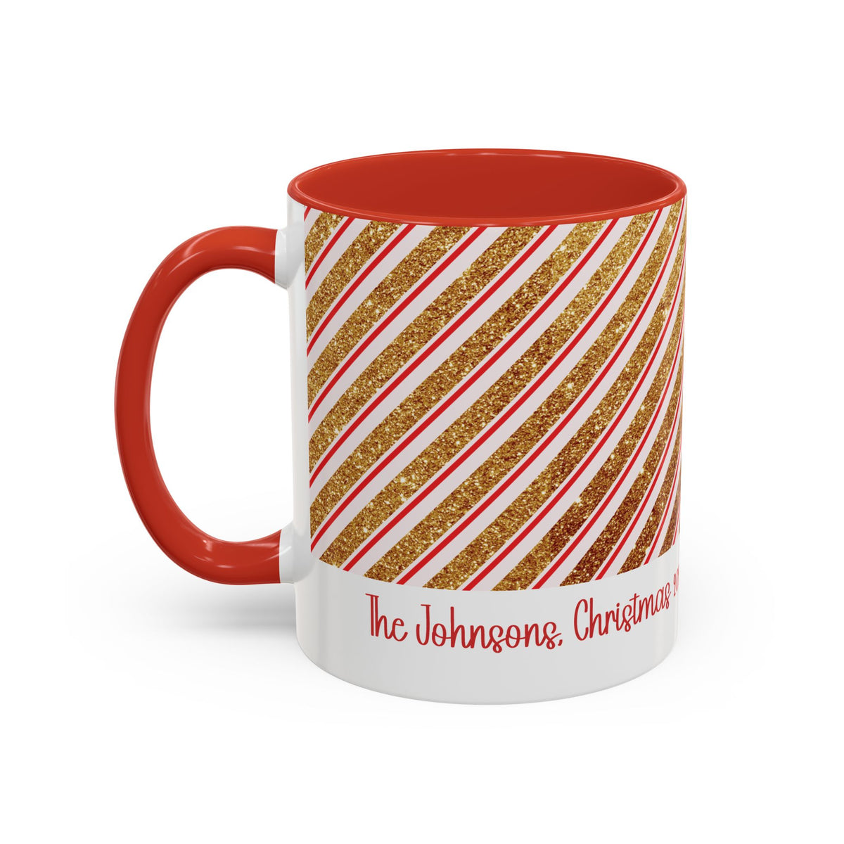 Red personalized Red and Gold Stripe Family mug, 11oz, side view with handle on the left