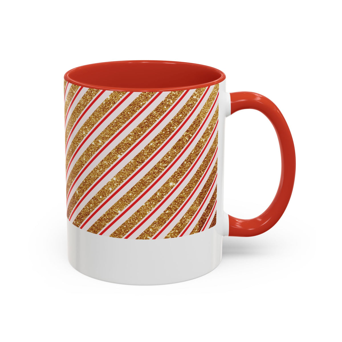 Red personalized Red and Gold Stripe Family mug, 11oz, side view with handle on the right