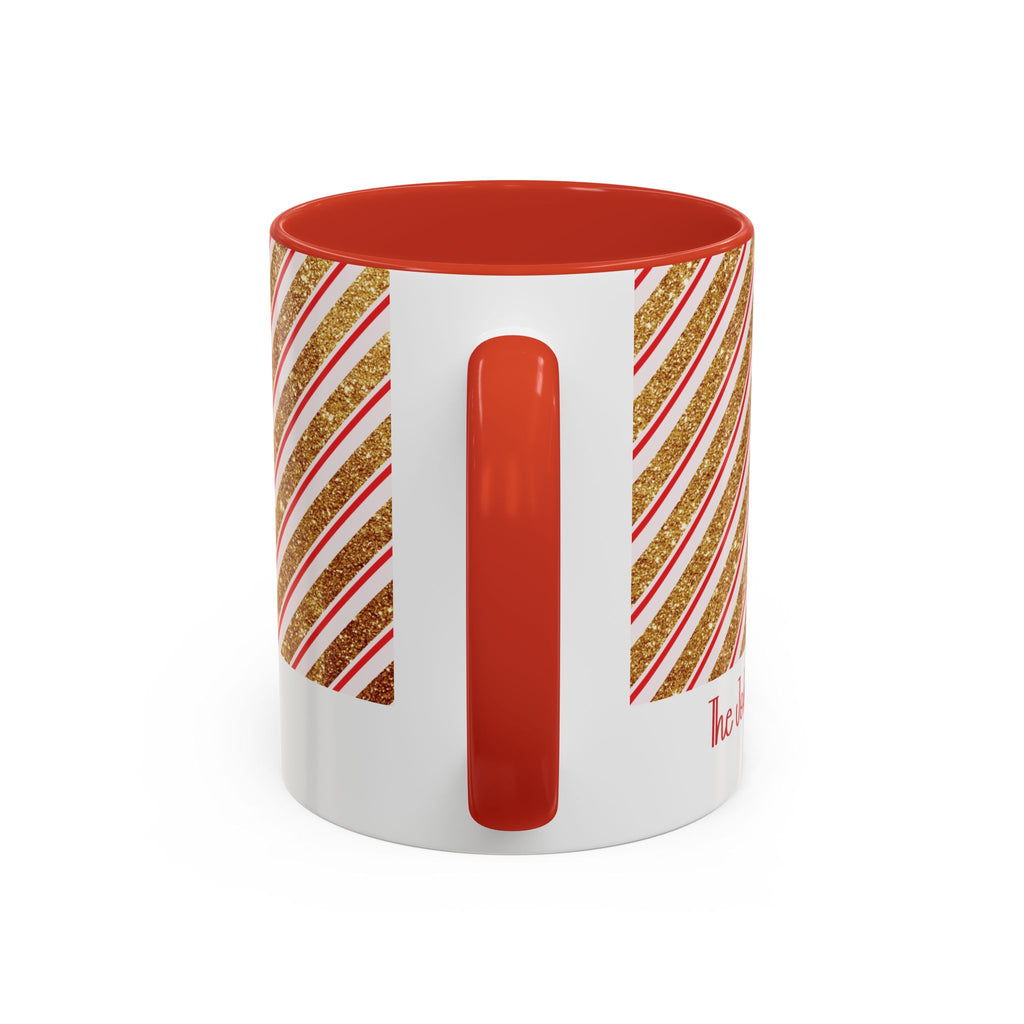 Red personalized Red and Gold Stripe Family mug, 11oz, handle view