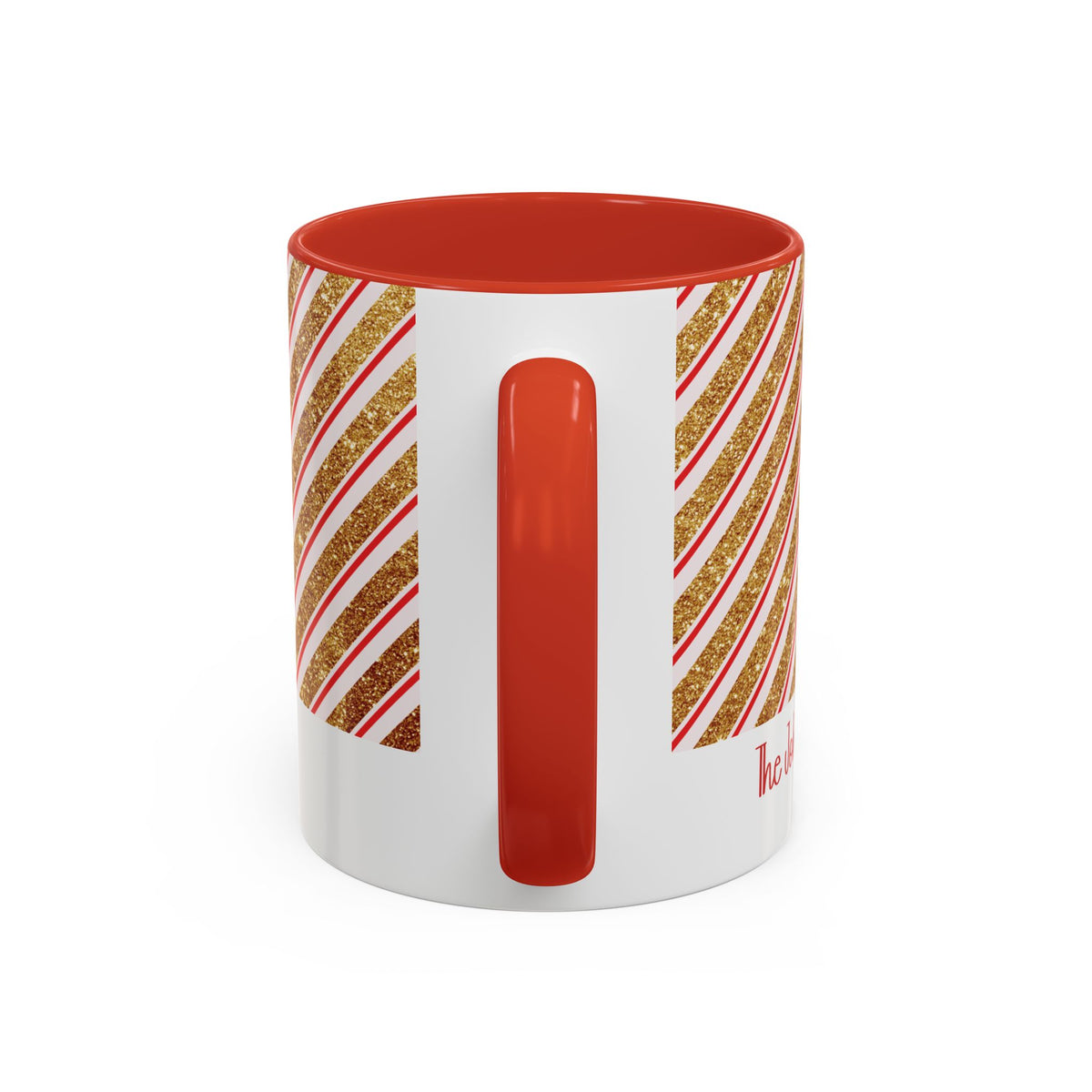 Red personalized Red and Gold Stripe Family mug, 11oz, handle view
