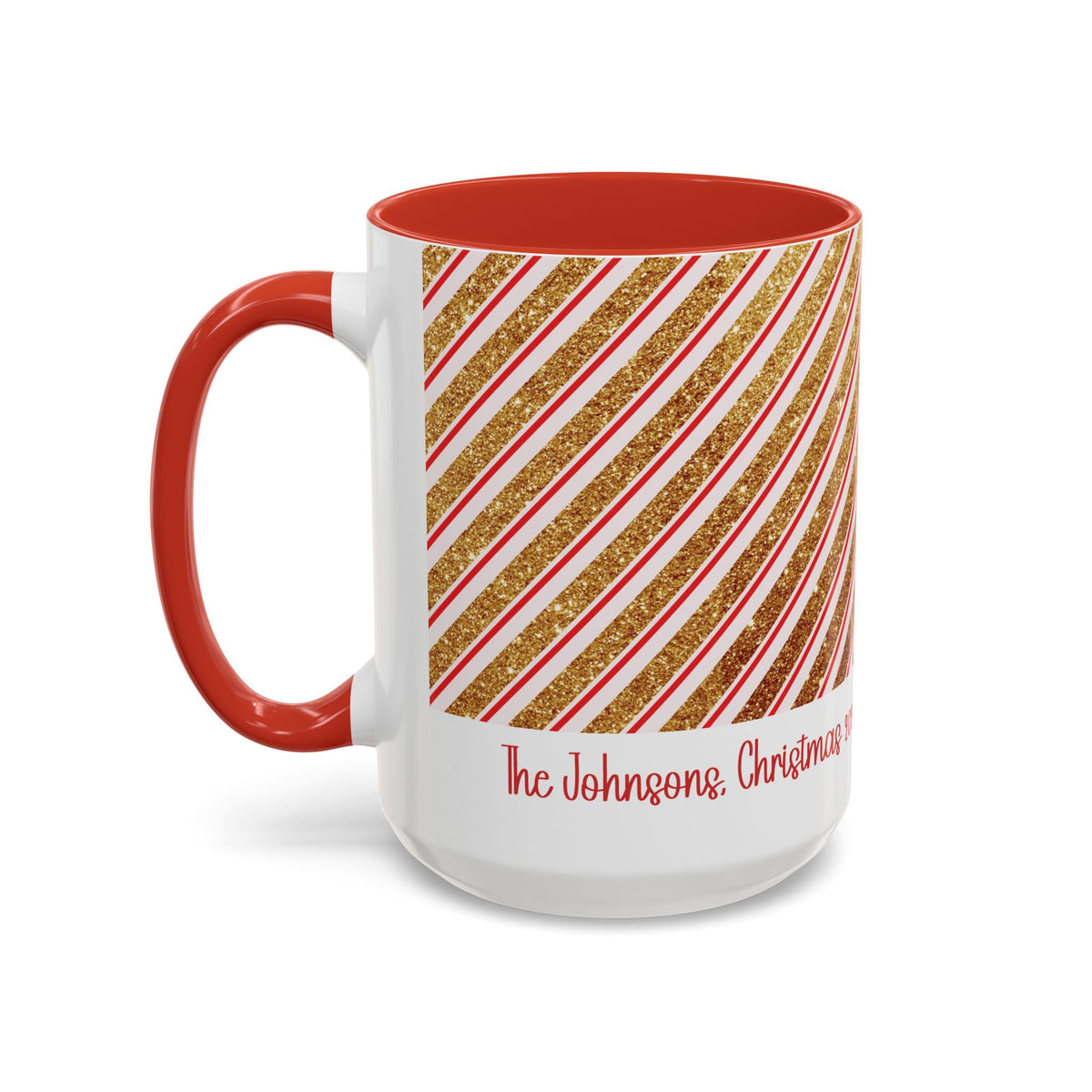 Red personalized Red and Gold Stripe Family mug, 15oz, side view with handle on the left